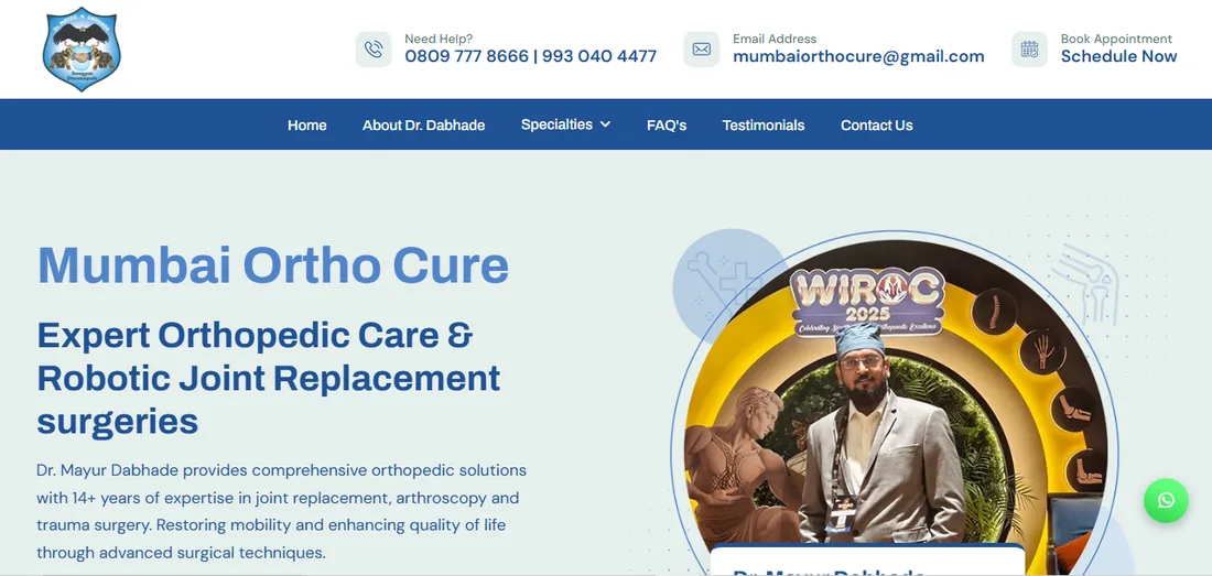 Homepage of the website built for Dr. Mayur Dabhade, orthopaedic surgeon in Chembur, Mumbai