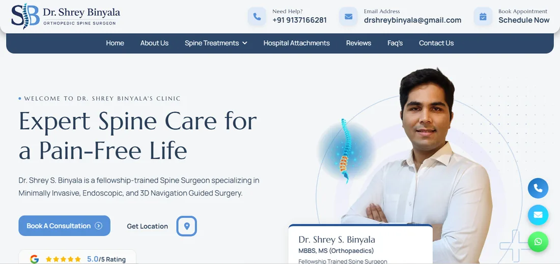 Homepage of the website built for Dr. Shrey S. Binyala, spine surgeon in Mumbai